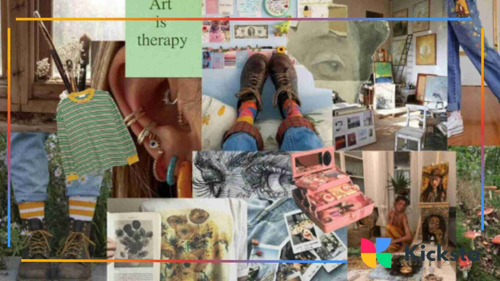 Art hoe aesthetic collage with art, fashion, and home decor inspiration.