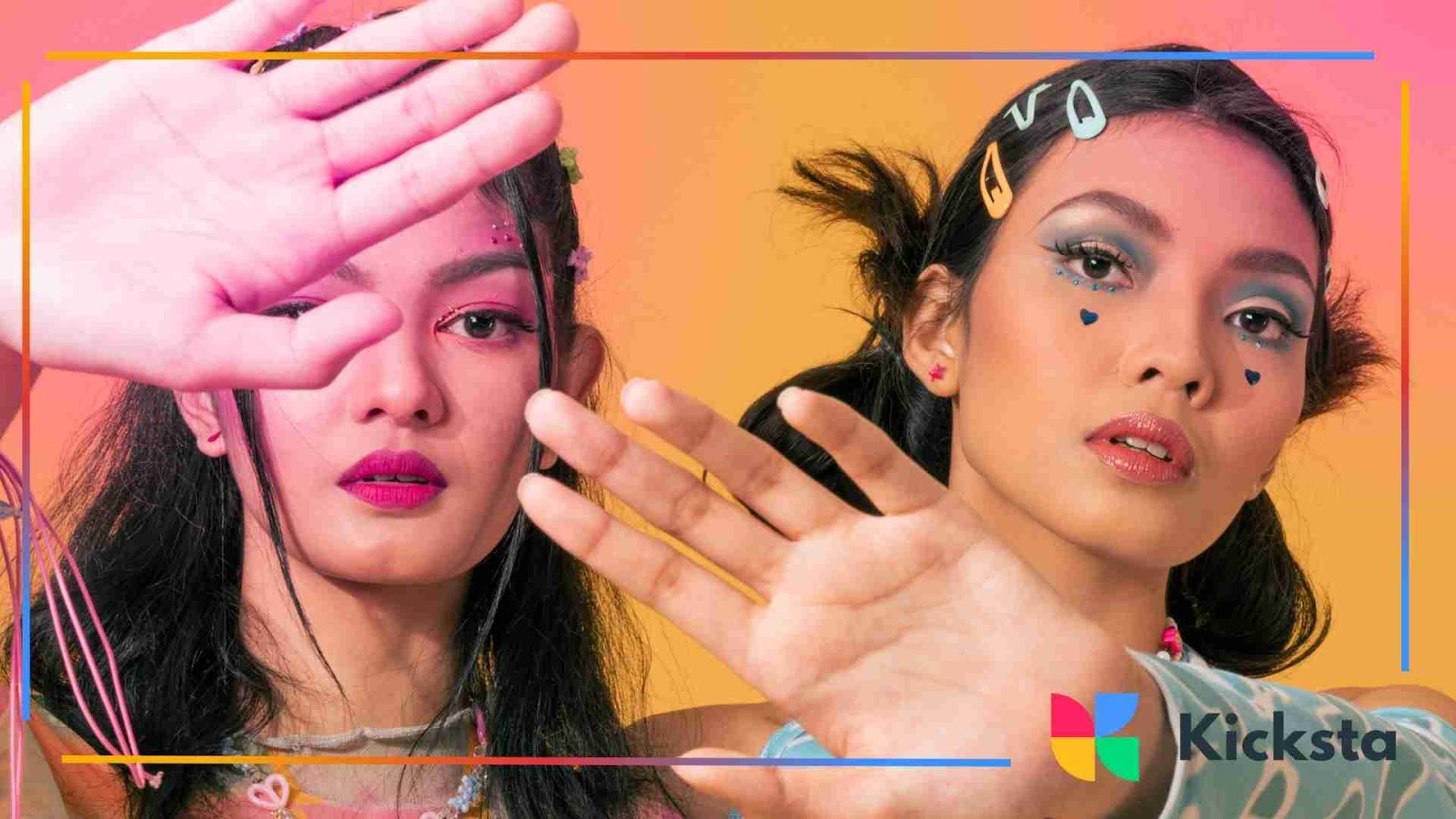Two women with bold makeup, colorful hair clips, and playful early 2000s aesthetic style.