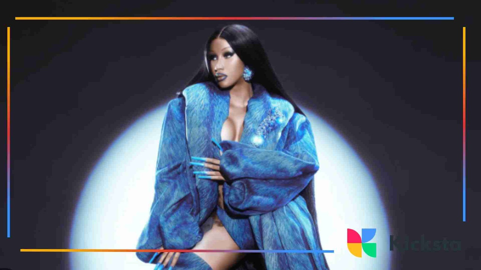 Woman in bold blue fur coat with sleek hair and glam baddie aesthetic fashion.
