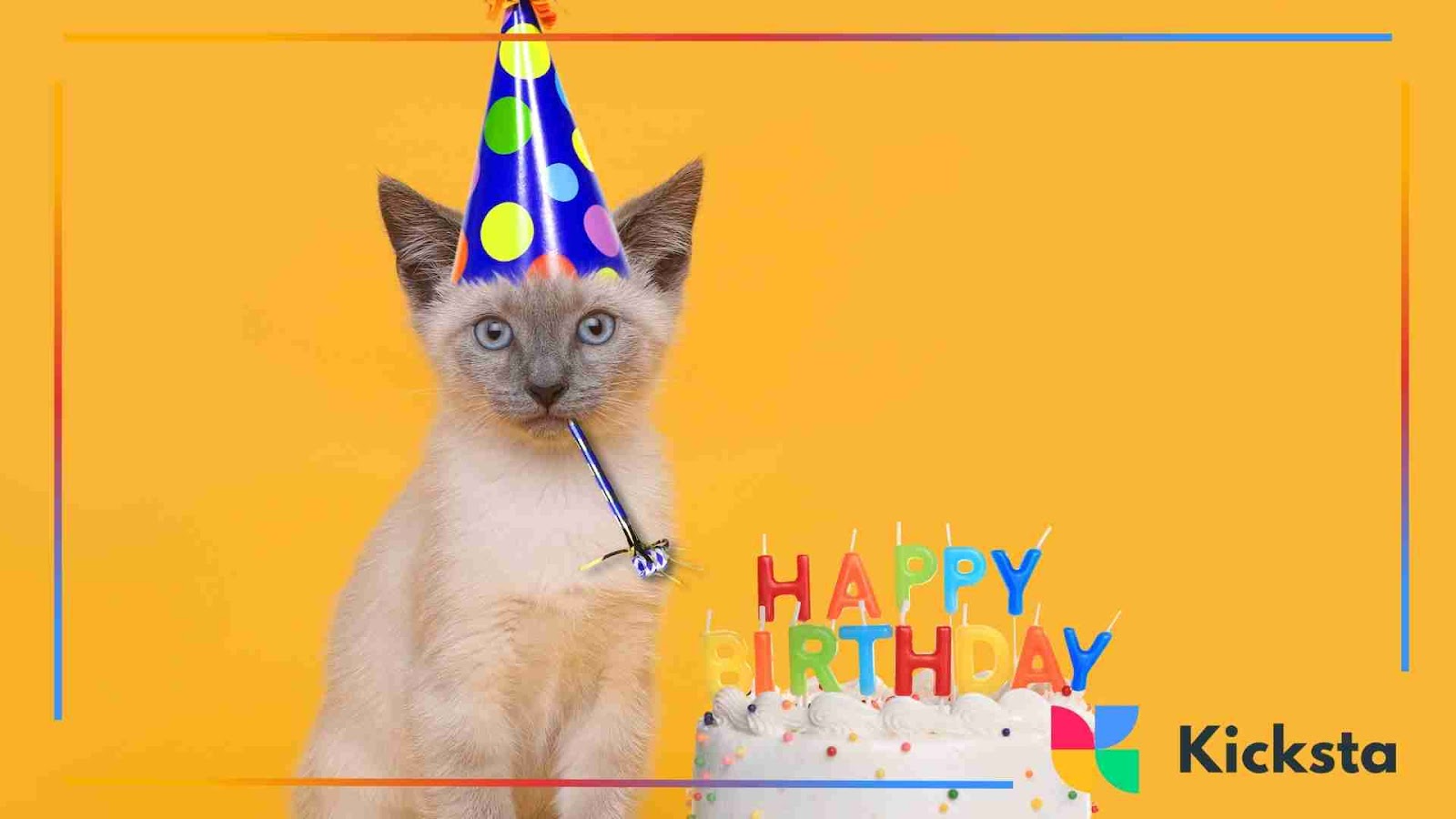 Cat wearing a birthday hat next to a birthday cake
