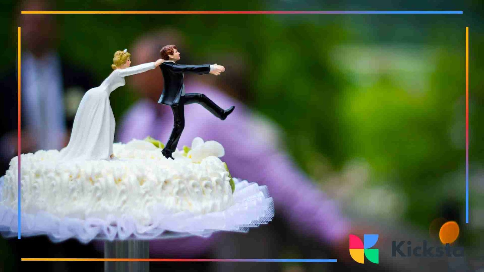 Funny wedding cake topper (bride pulling groom back)