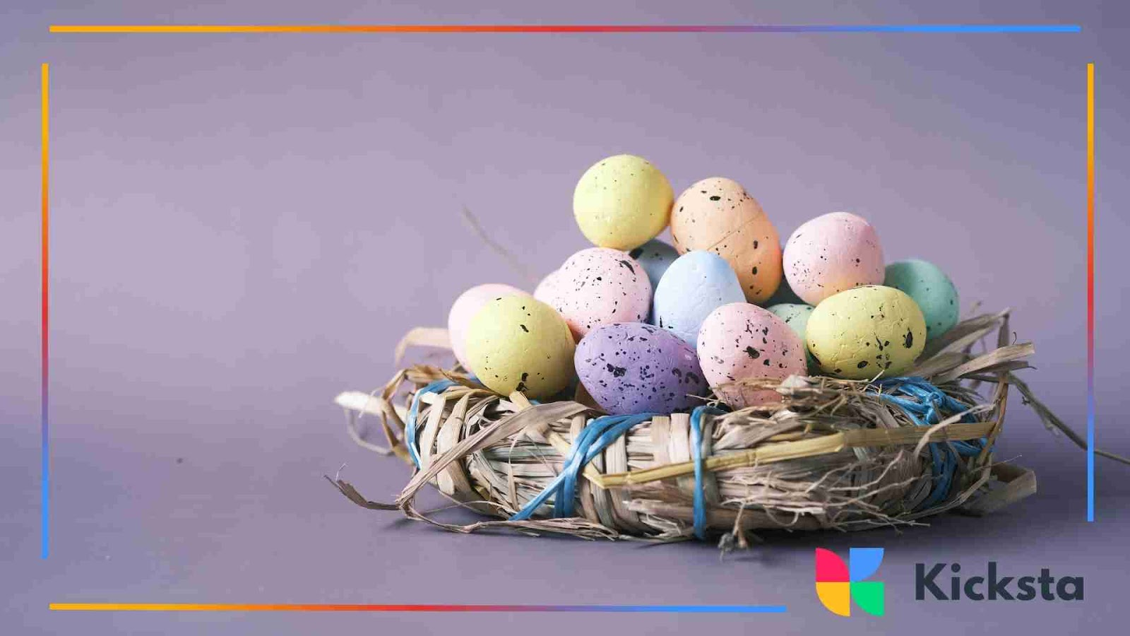 A nest filled with pastel-colored Easter eggs against a purple background.