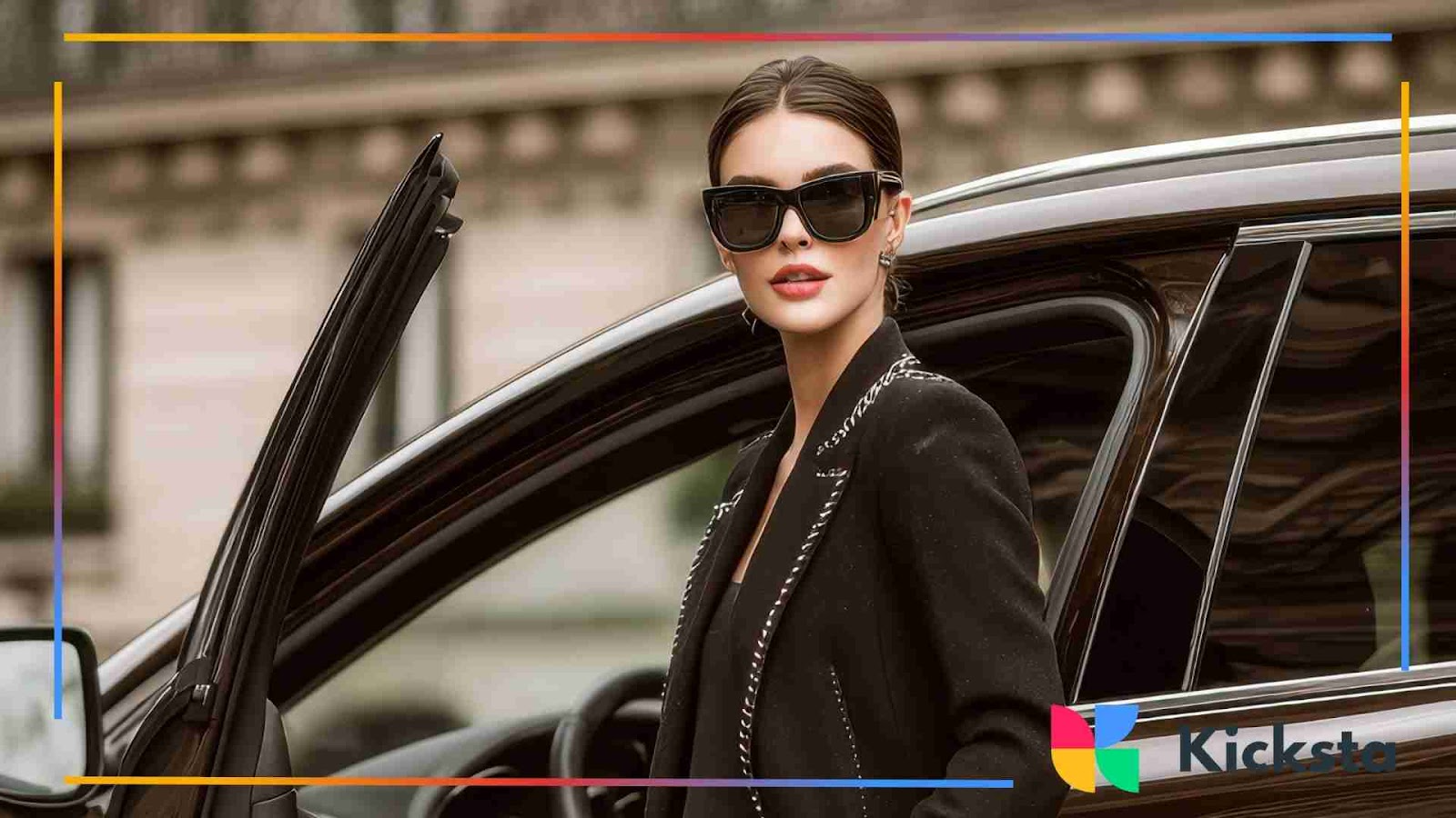 Classy woman in black blazer and oversized sunglasses by a car