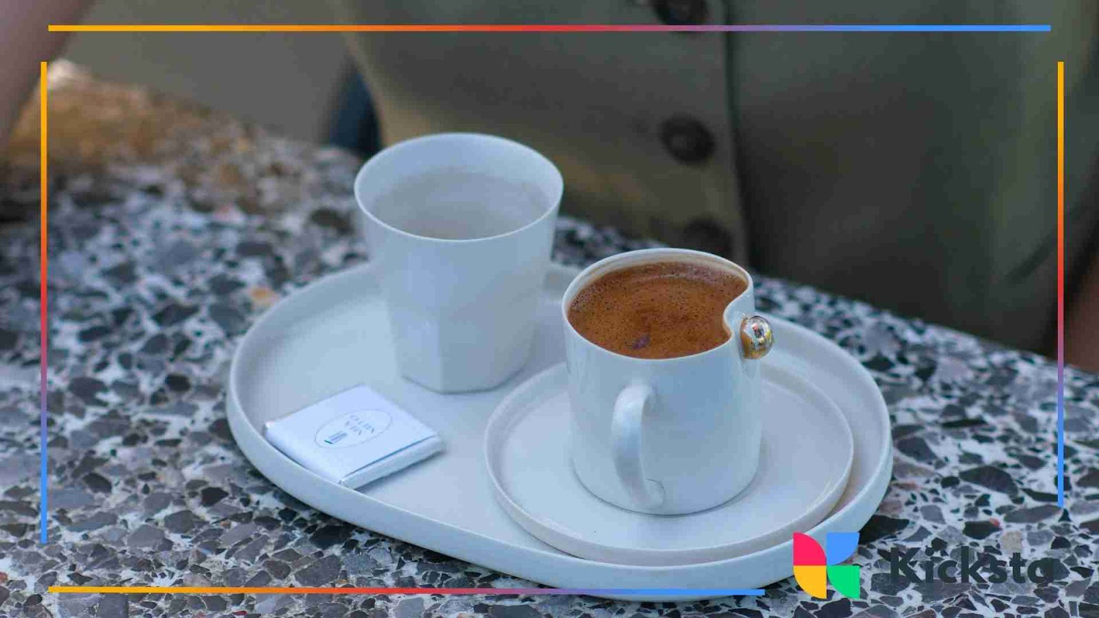 Classy minimalist coffee set with white ceramic cups and tray