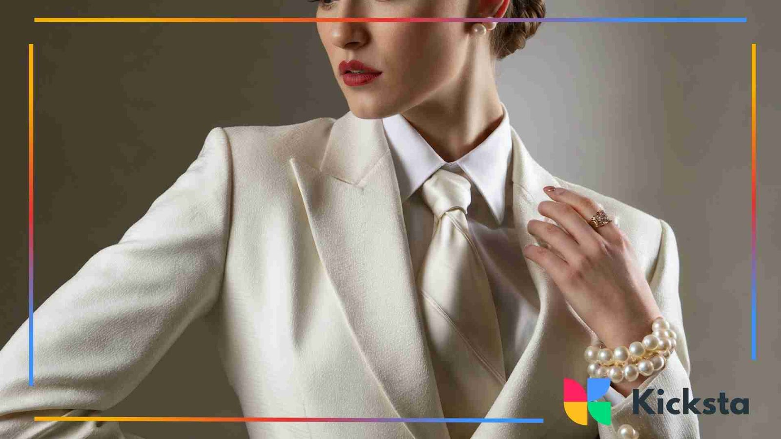 Classy woman in a white suit accessorized with pearls and rings