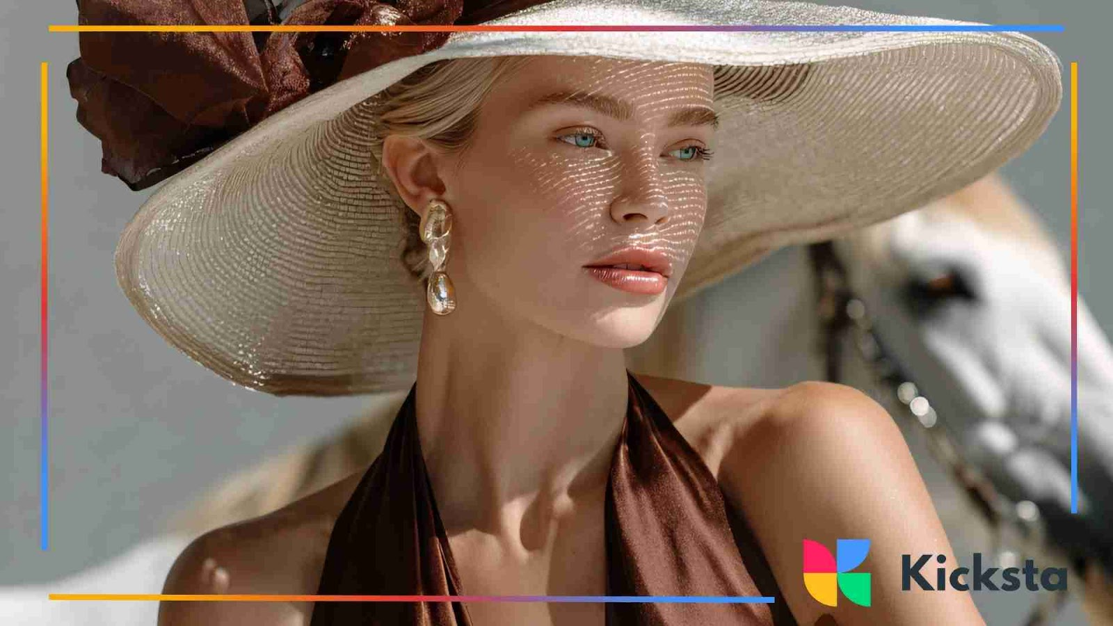 Classy woman in a wide brim hat with sunlight casting shadows on her face