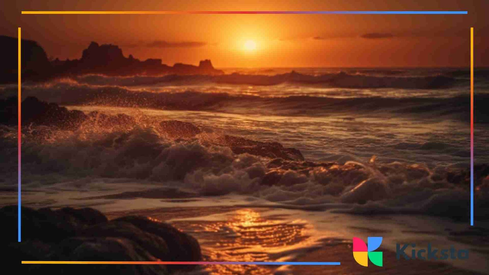 A fiery sunset over crashing ocean waves with a dramatic golden glow.