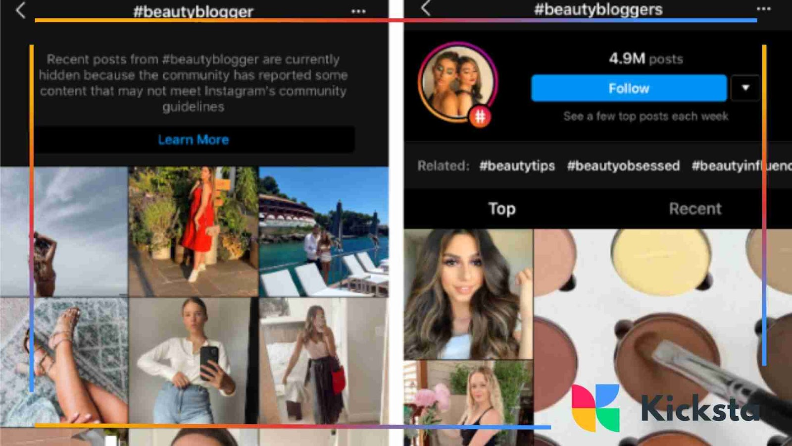 Instagram interface showing restricted hashtags and content warnings.