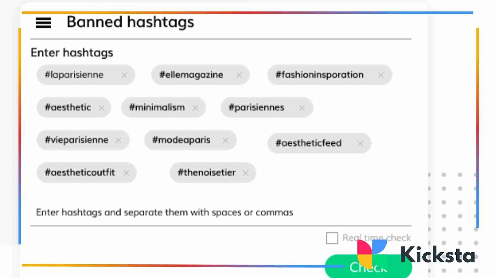Screen showing a list of banned hashtags in a search or filter box.