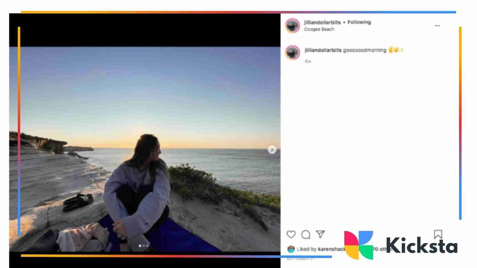 A young woman sitting on a blanket near the ocean, looking at the sunset.