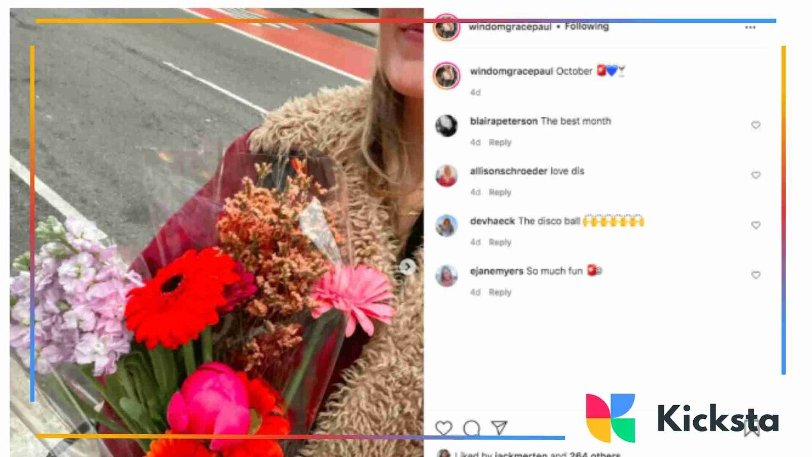 A close-up of someone holding colorful flowers with visible Instagram comment section.