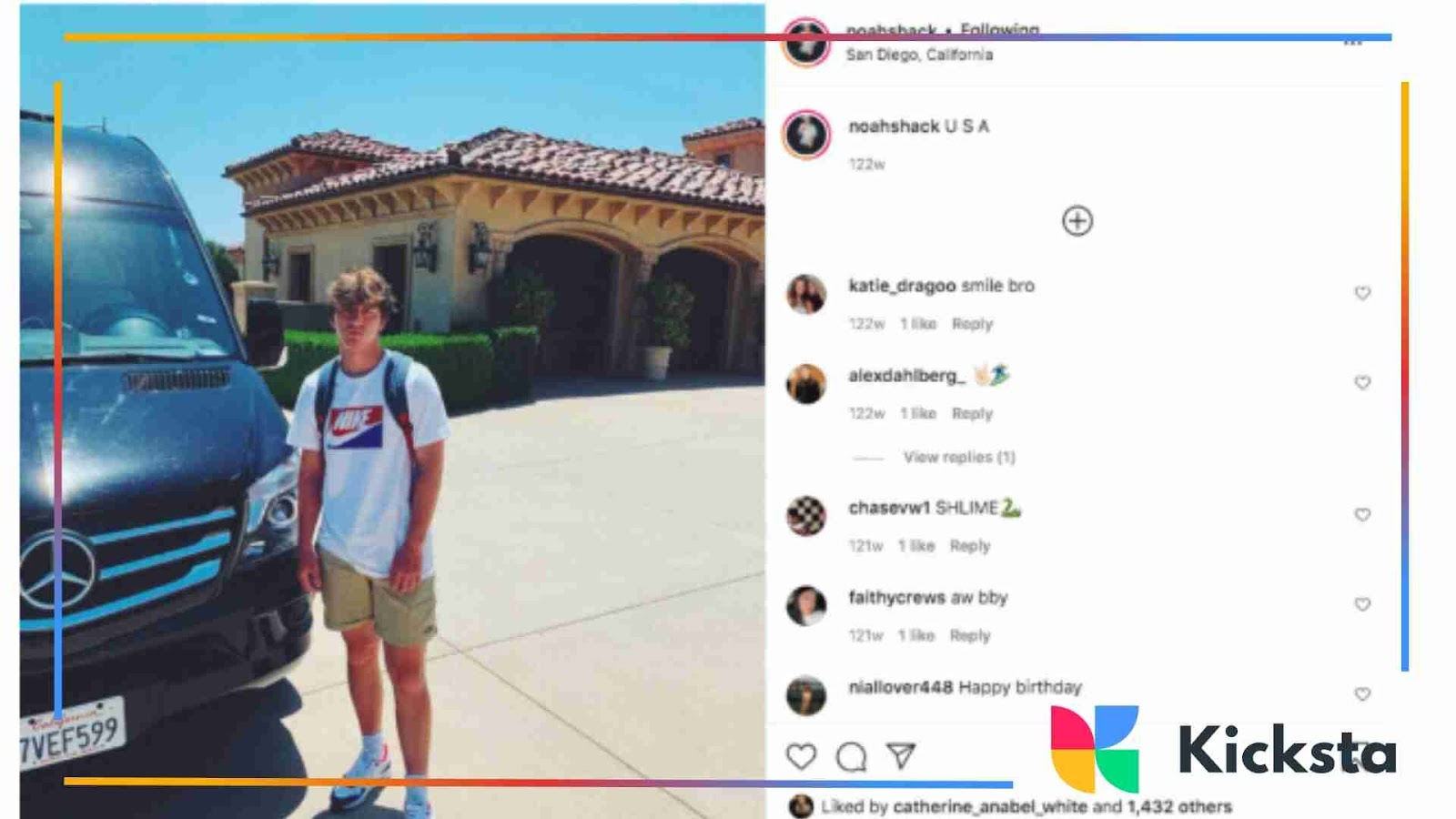 A boy in casual clothes standing near a black van with Instagram likes and comments.