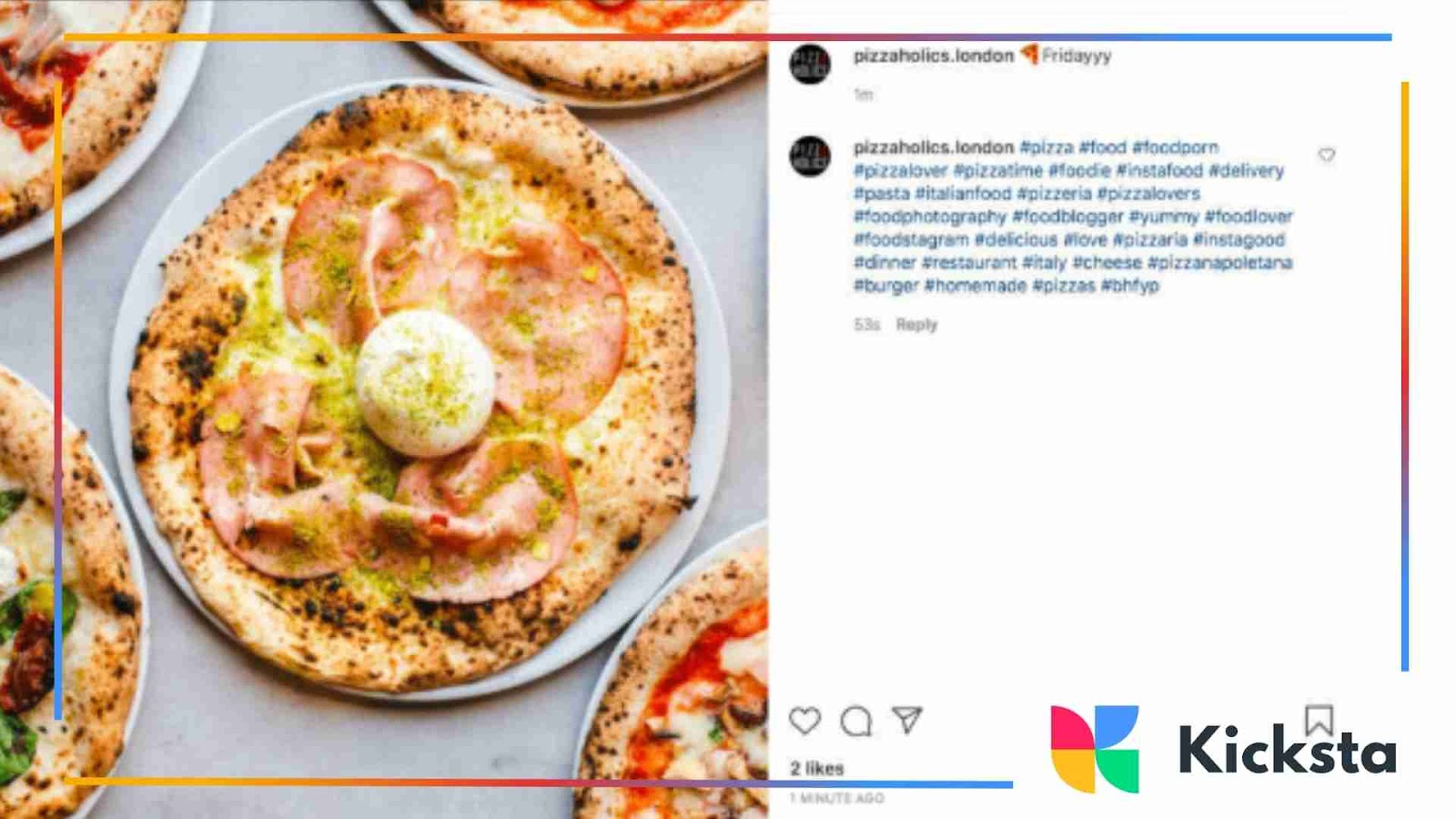A close-up of a delicious pizza posted on Instagram with a long list of hashtags in the caption.