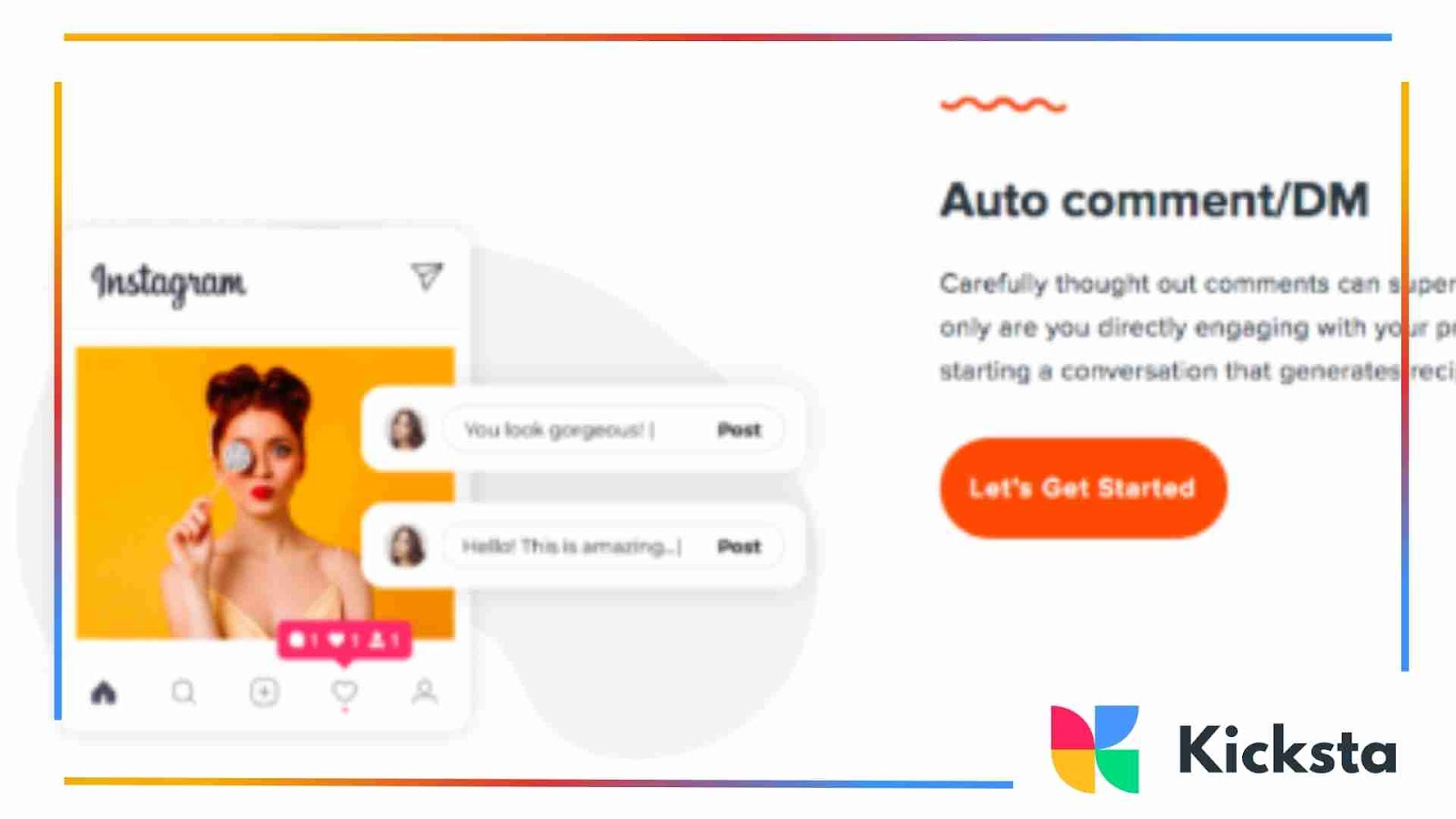 Illustration of automated Instagram comments and DMs being posted on a profile.
