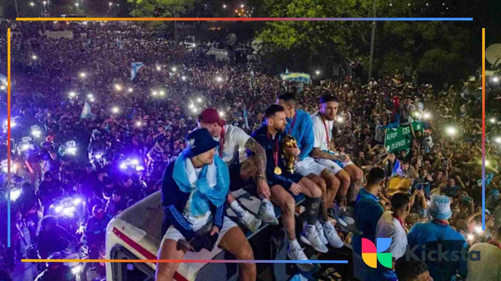 Argentina soccer team celebrating victory with fans during a parade.