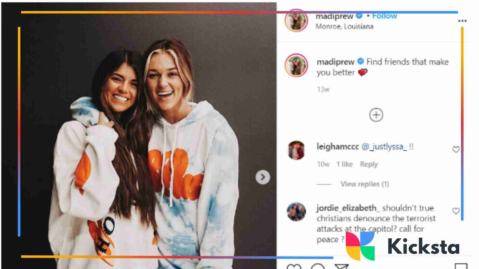 Two women hugging and smiling in casual outfits, with an Instagram caption about friendship visible.