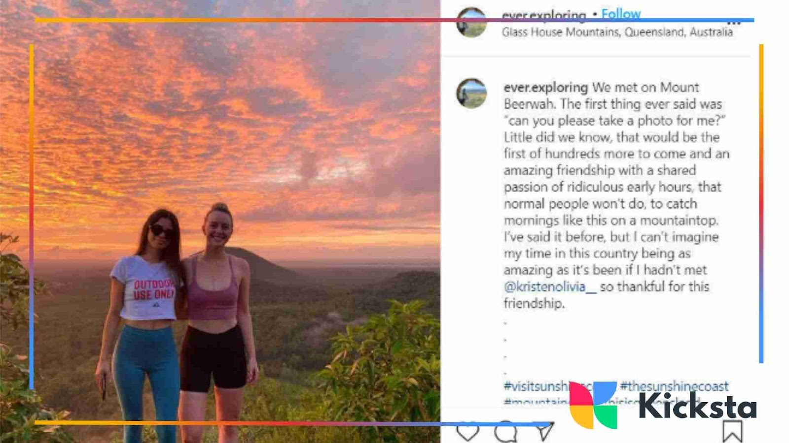 Two women standing together on a mountain at sunset with a long Instagram caption about friendship.