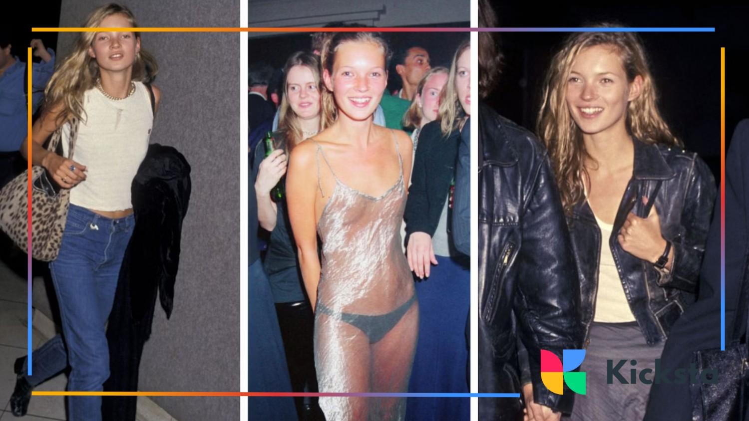 Three photos of Kate Moss in the 90s wearing casual jeans, a sheer metallic slip dress, and a leather jacket