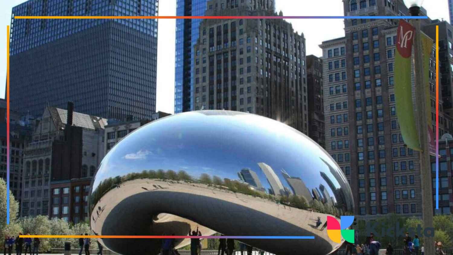 The reflective “Cloud Gate” sculpture, also known as “The Bean,” in Chicago’s Millennium Park surrounded by city skyscrapers
