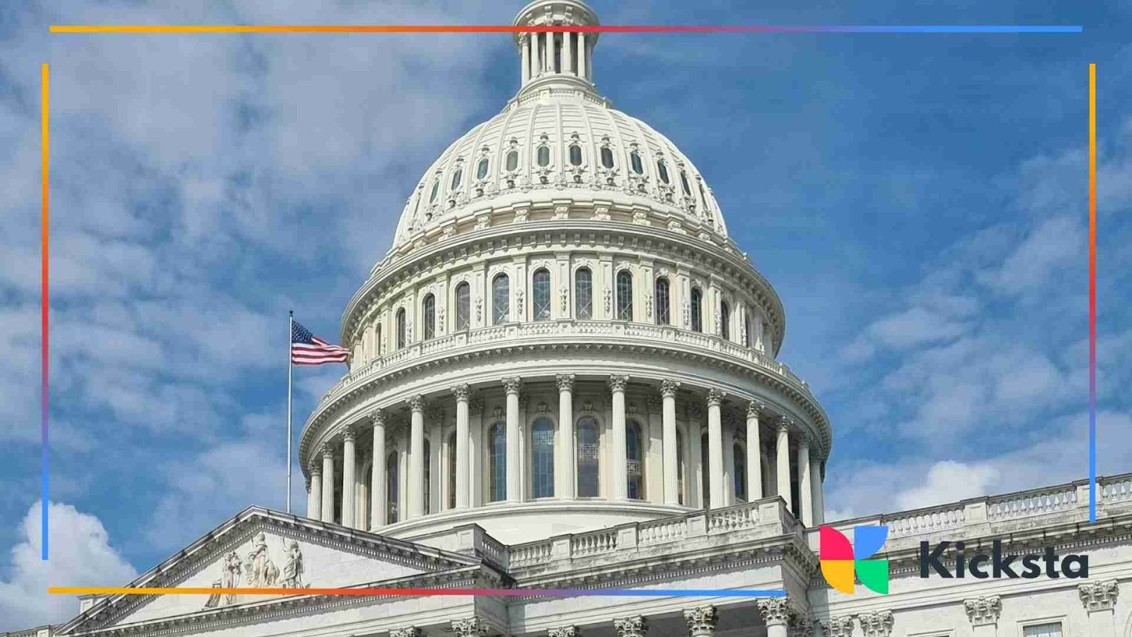 The dome of a grand government building with an American flag flying beside it under a bright blue sky with scattered clouds.