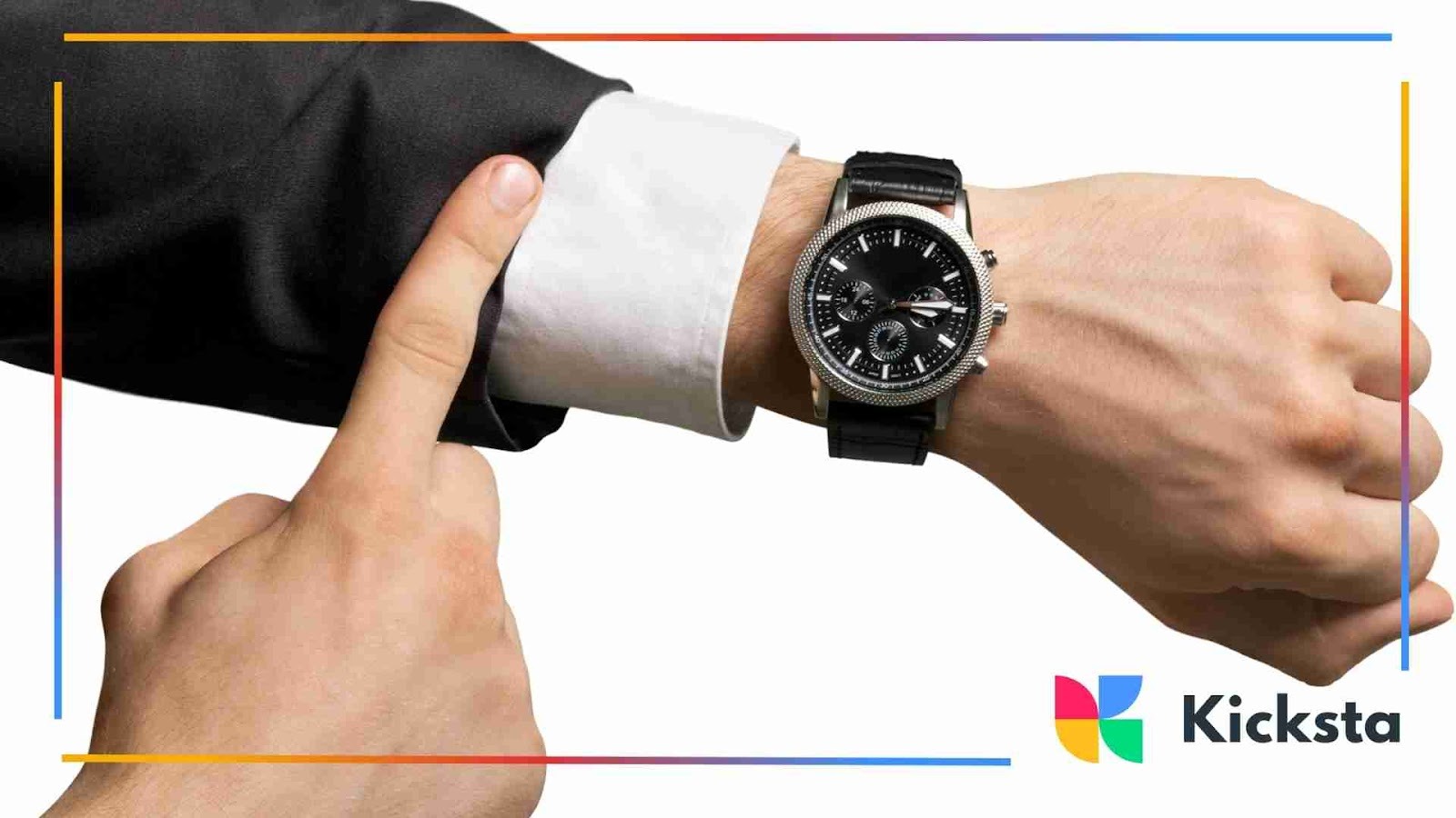 Close-up of a person in a suit pointing to a wristwatch on their left hand, checking the time.