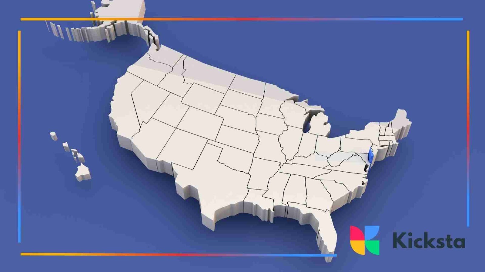 3D illustration of a map of the United States in light gray on a blue background, showing all states in relief.