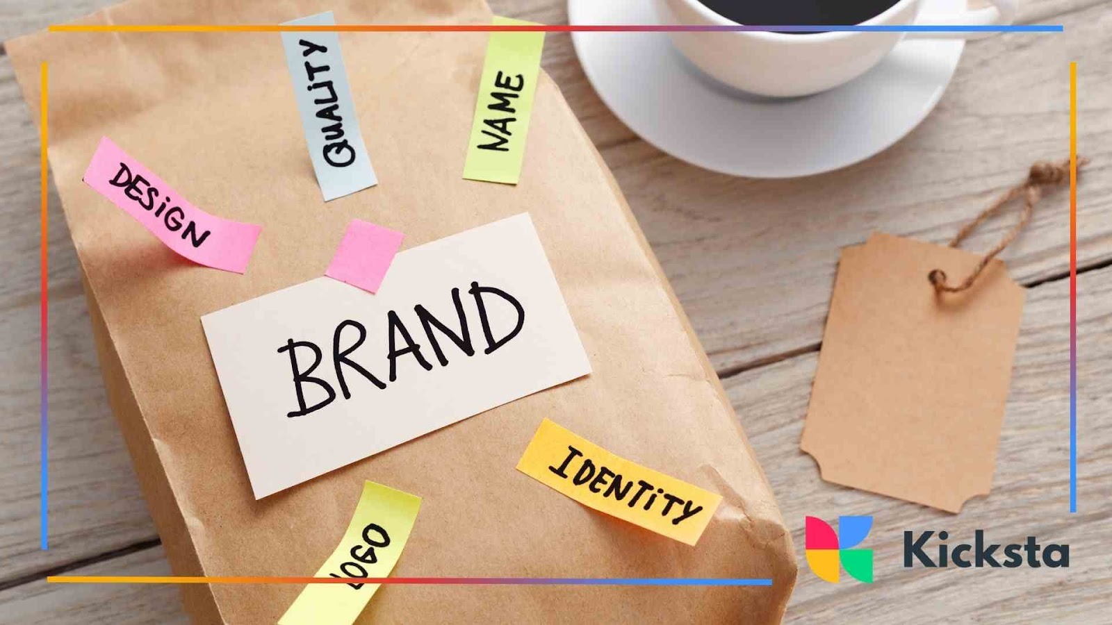 Brown paper bag with sticky notes labeled “Brand,” “Design,” “Quality,” “Logo,” and “Identity,” placed beside a cup of coffee on a wooden table, symbolizing brand development.