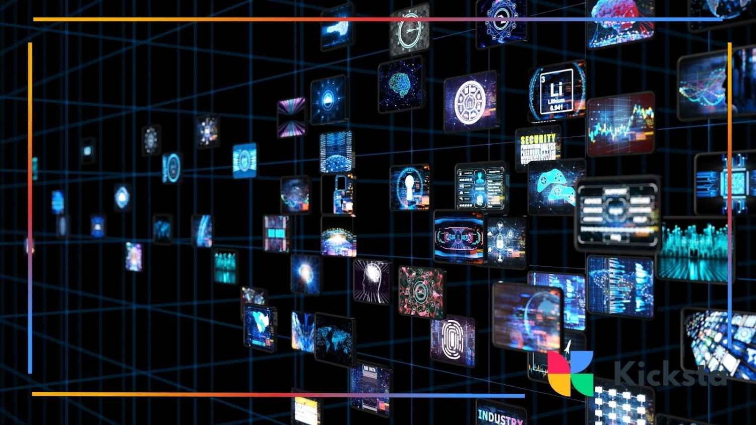 Abstract digital grid displaying multiple floating screens with futuristic technology and data visuals.