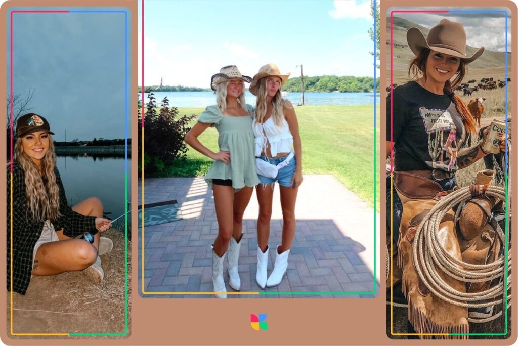 Collage of women in Western-style outfits — one sitting near a lake in a flannel shirt, two standing in summer clothes and cowboy boots, and one wearing a cowboy hat holding a rope beside horses.