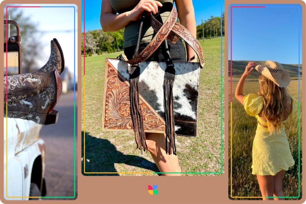 Collage showing Western-inspired fashion — detailed cowboy boots on a truck, a person holding a leather and cowhide tote bag, and a woman in a yellow dress and straw hat standing in a field.