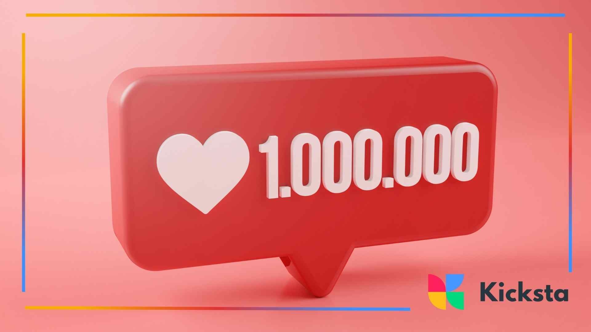 3D red social media notification icon with a white heart and the number “1,000,000” on a pink background, symbolizing likes or followers.