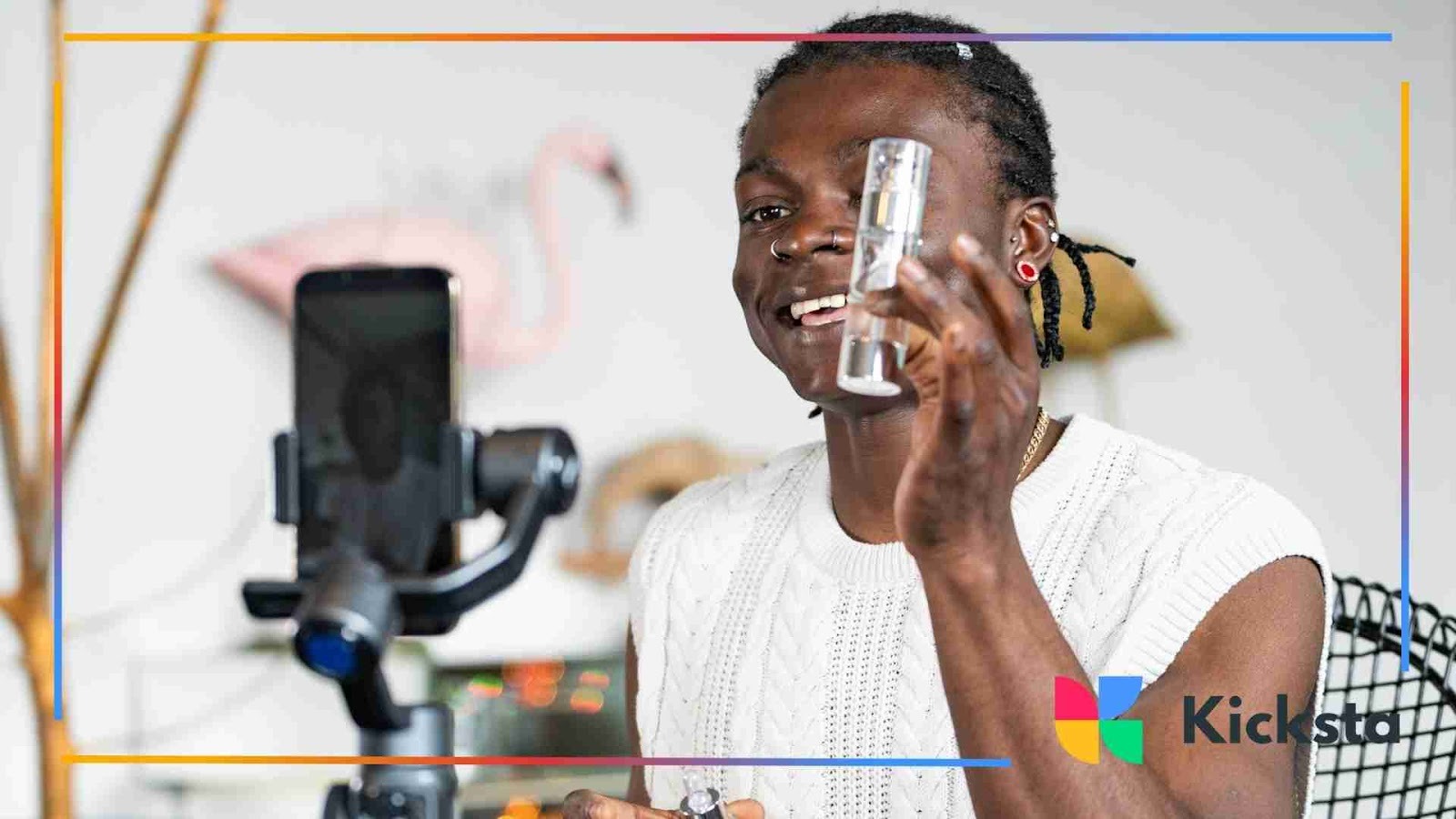 A cheerful person recording a video with a smartphone mounted on a tripod