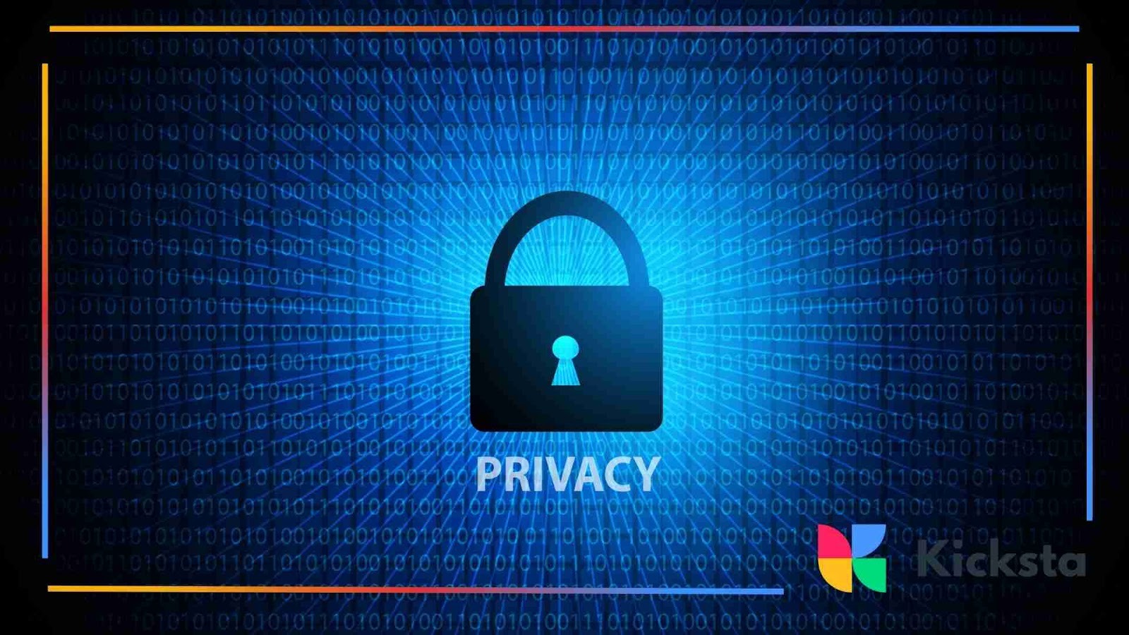 A digital padlock icon surrounded by binary code and glowing blue light, symbolizing data privacy and cybersecurity.