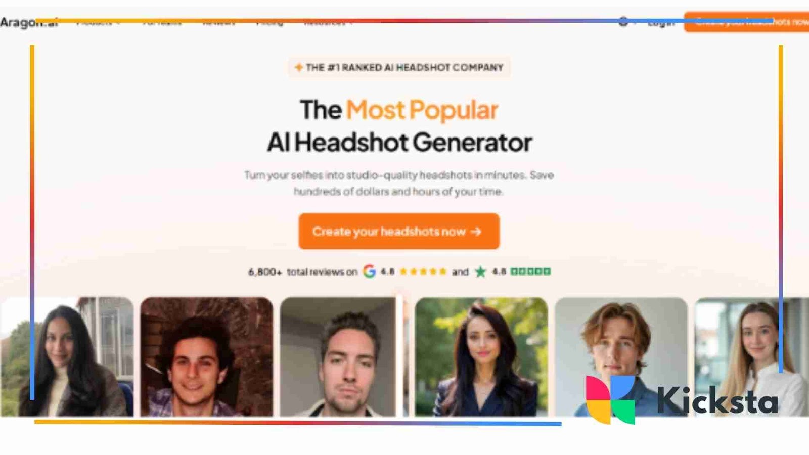 Aragon AI headshot generator webpage highlighting popular studio-quality photo results and user testimonials.