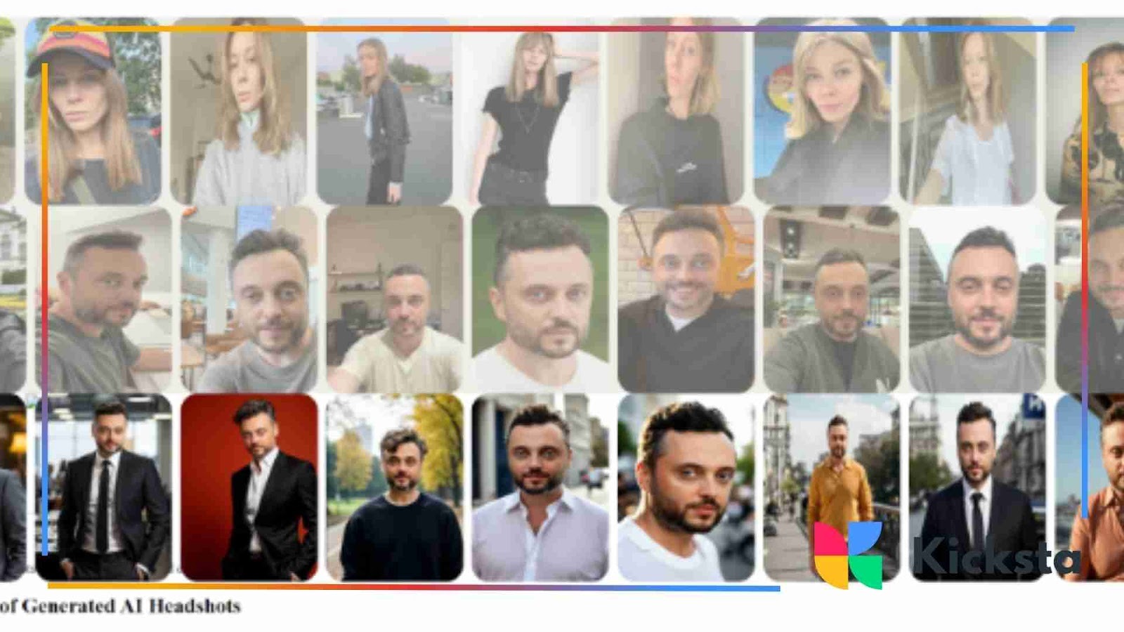 Gallery of AI-generated portraits demonstrating diverse headshot results from various photo inputs.