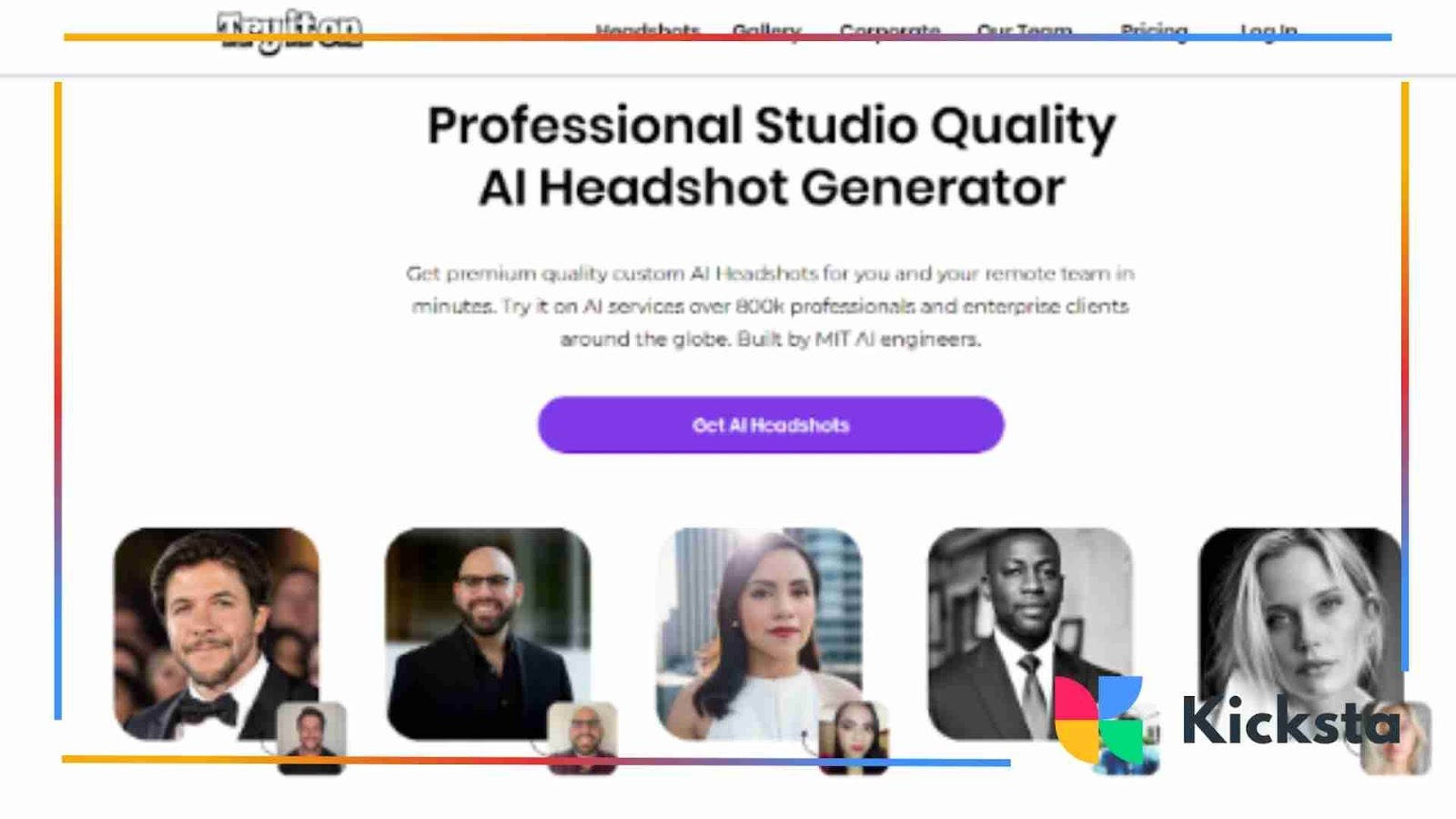 TryItOn AI headshot generator website showcasing studio-quality professional portraits of individuals.