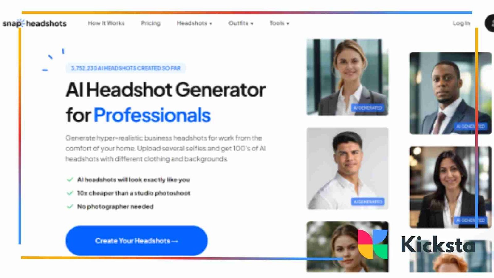 SnapHeadshots AI headshot generator webpage displaying professional business portraits created with AI.