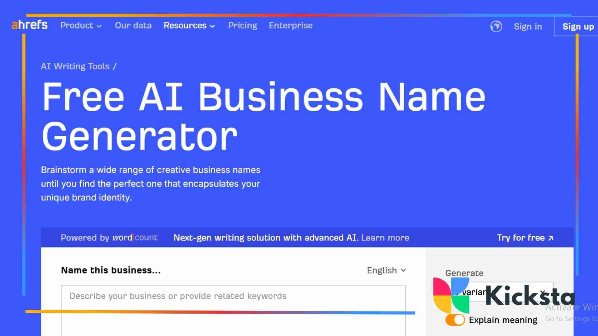 Screenshot of Ahrefs’ Free AI Business Name Generator page. The interface features a large blue header reading “Free AI Business Name Generator,” inviting users to brainstorm creative business names. Below, there’s a text box labeled “Name this business...” where users can describe their business, choose a language, and generate name variants.