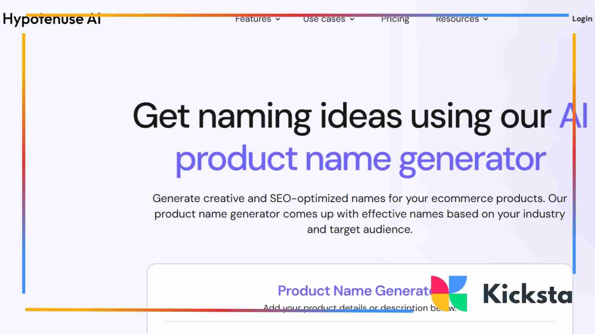 Screenshot of Hypotenuse AI’s Product Name Generator page. The page headline reads “Get naming ideas using our AI product name generator.” The interface has a sleek purple and white design and prompts users to enter product details to generate SEO-optimized and creative names for eCommerce products.