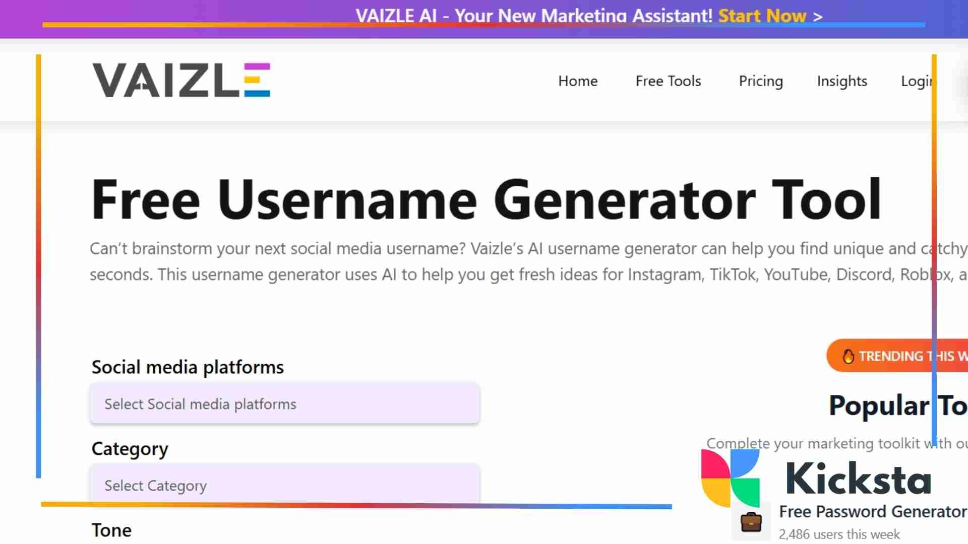 Screenshot of Vaizle’s Free Username Generator Tool webpage. The design features a clean white layout with a purple top banner. It offers options to select social media platforms, categories, and tones to generate unique usernames for Instagram, TikTok, YouTube, and more. A “Trending This Week” badge and “Popular Tools” section are also visible.
