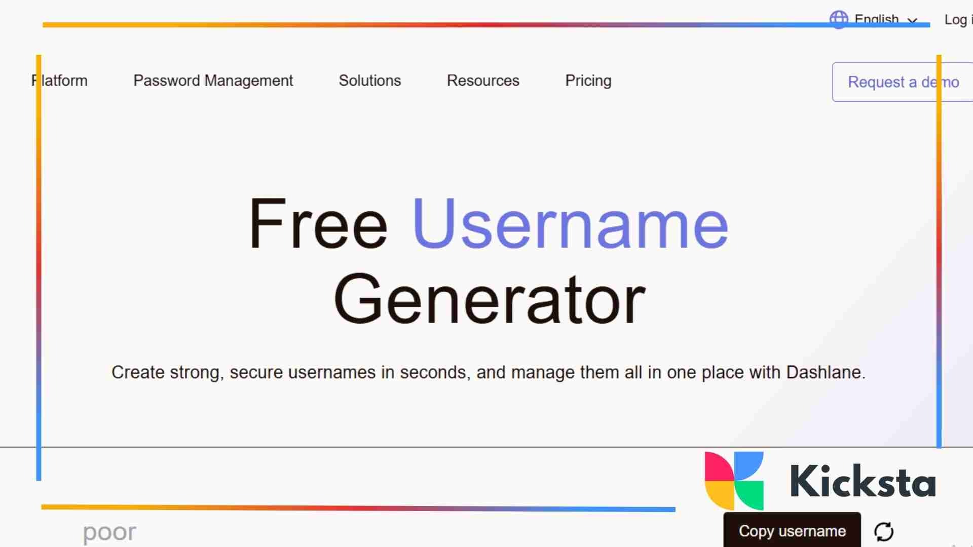 Screenshot of Dashlane’s Free Username Generator page. The minimalist interface features the title “Free Username Generator” in large text. Below it, a short description explains that users can create strong, secure usernames quickly. The input area includes a “Copy username” button.