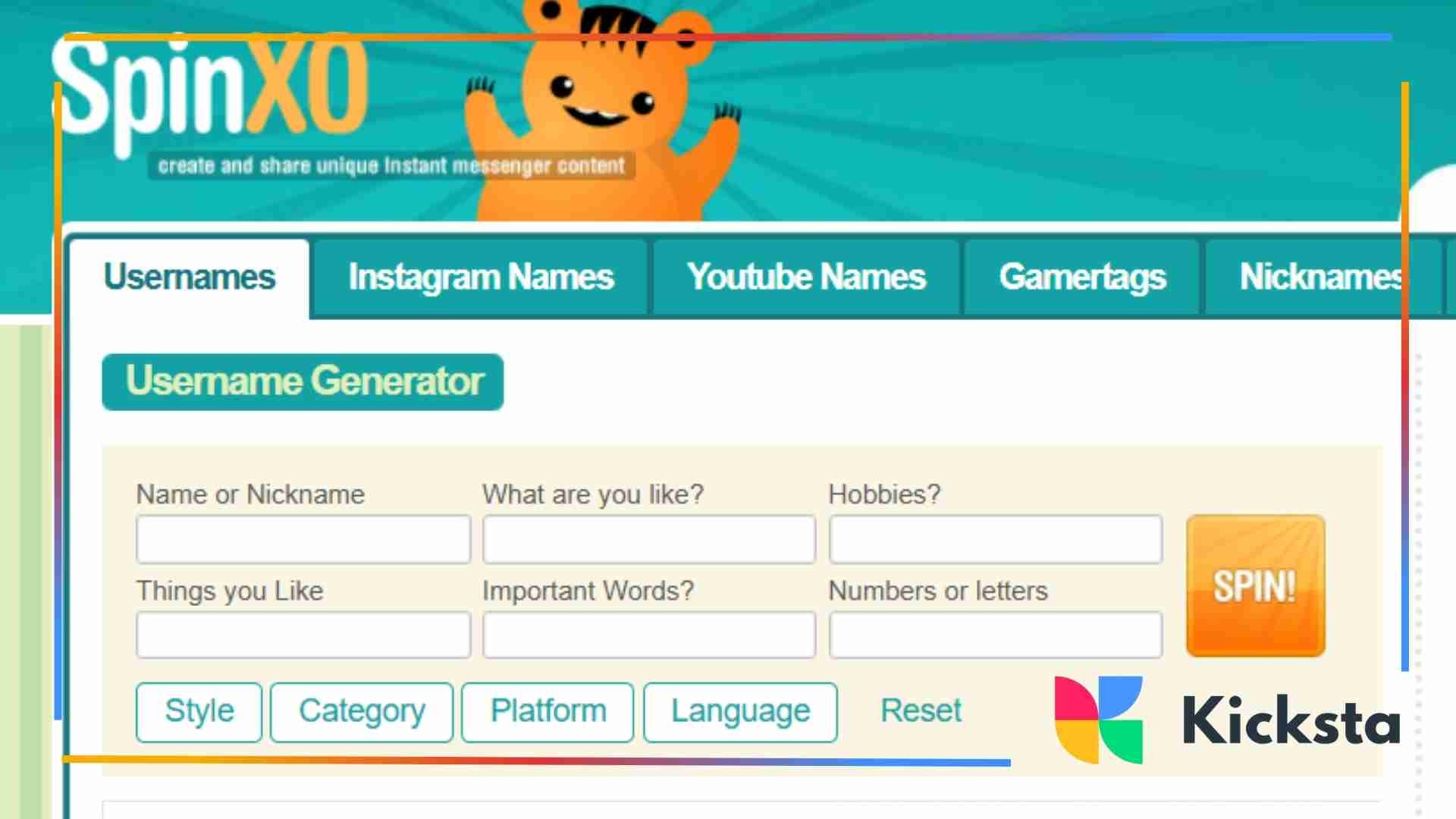 Screenshot of SpinXO’s Username Generator page featuring a cartoon tiger logo. The tool offers input fields for name, hobbies, interests, and keywords. A bright orange “SPIN!” button generates username suggestions displayed below in circular buttons, such as “BozWoman” and “DownBase.”