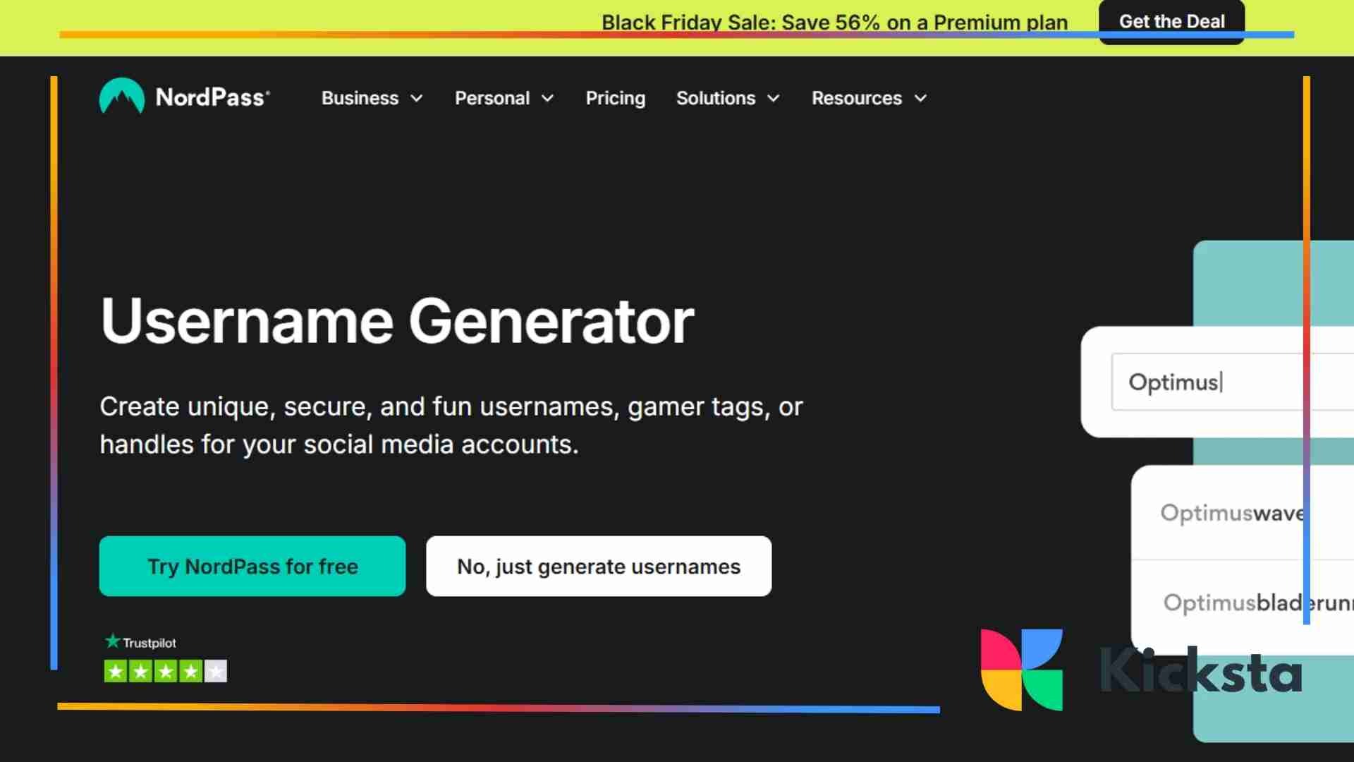 Screenshot of NordPass’ Username Generator webpage with a dark background and teal highlights. The title “Username Generator” is followed by text describing how to create unique, secure, and fun usernames or gamer tags. A preview shows sample usernames like “Optimuswave” and buttons to copy them.