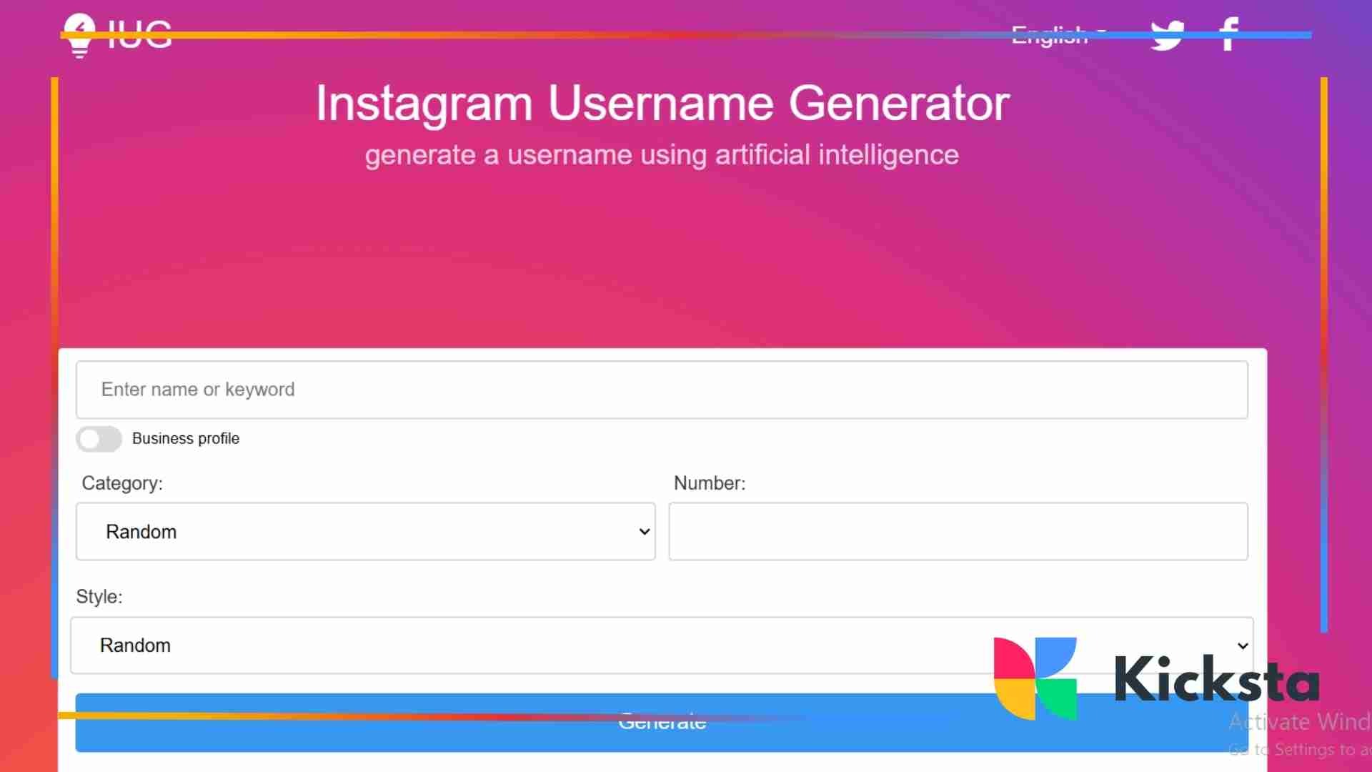 Screenshot of IUG’s Instagram Username Generator tool with a pink-to-purple gradient background. The heading reads “Instagram Username Generator – generate a username using artificial intelligence.” The tool includes input fields for name or keyword, category, number, and style, plus a “Generate” button.