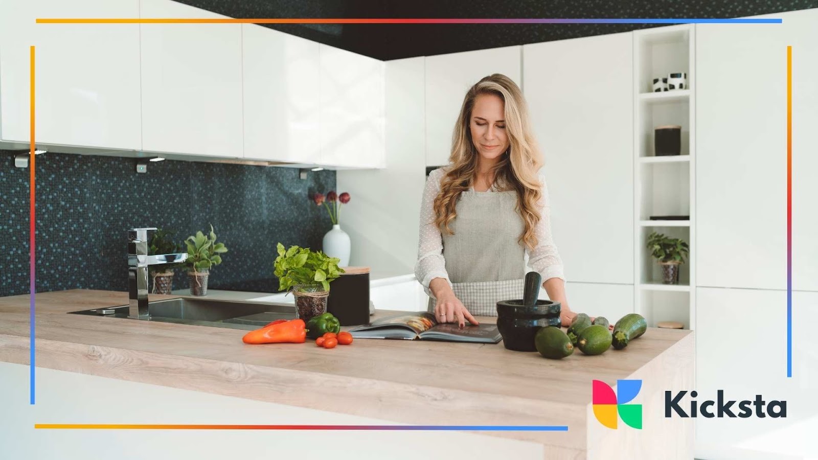 Lifestyle influencer preparing healthy recipe in modern kitchen with fresh vegetables and cookbook for social media content.