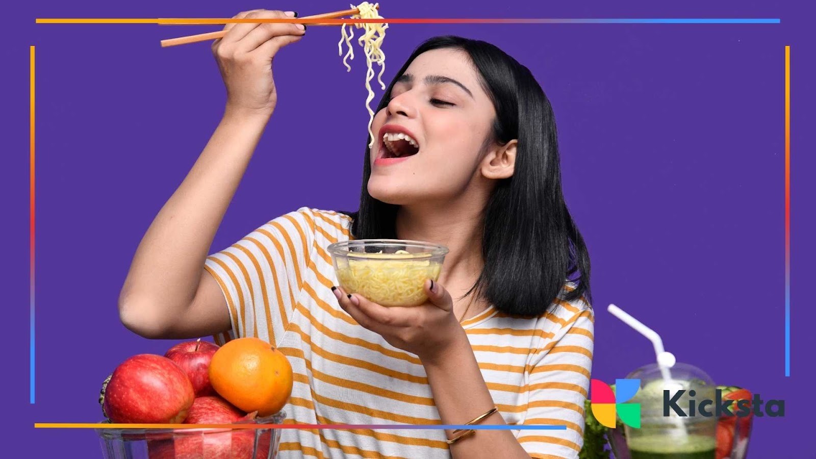 Food influencer enjoying instant noodles with chopsticks, showcasing fun lifestyle and social media food content.