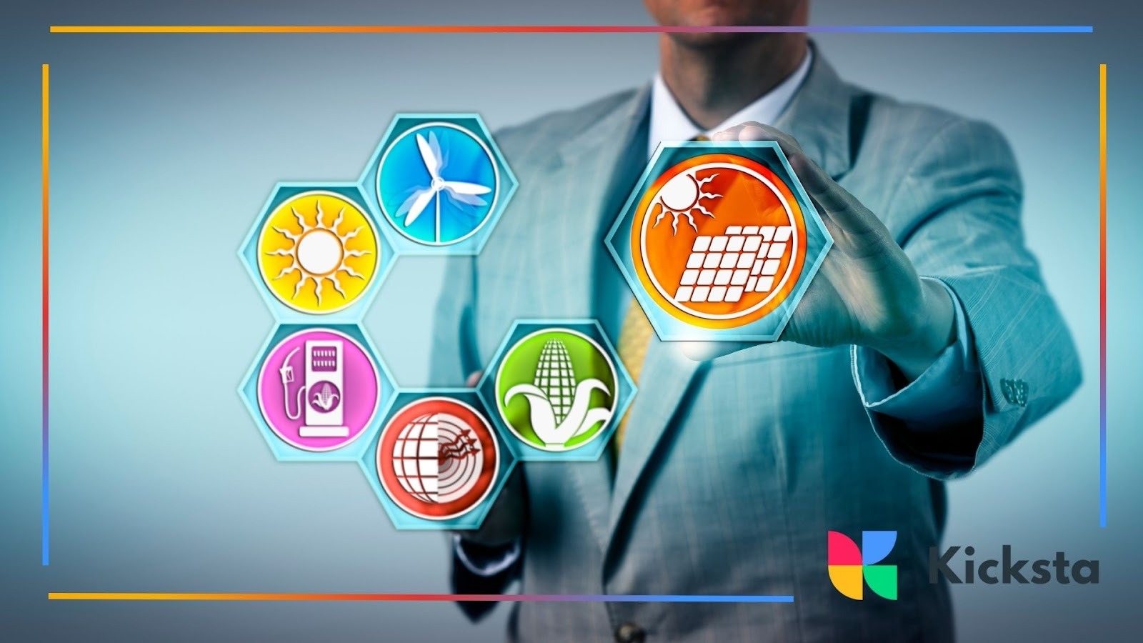 Business professional interacting with digital icons of renewable energy sources, symbolizing sustainability, green technology, and clean energy innovation.