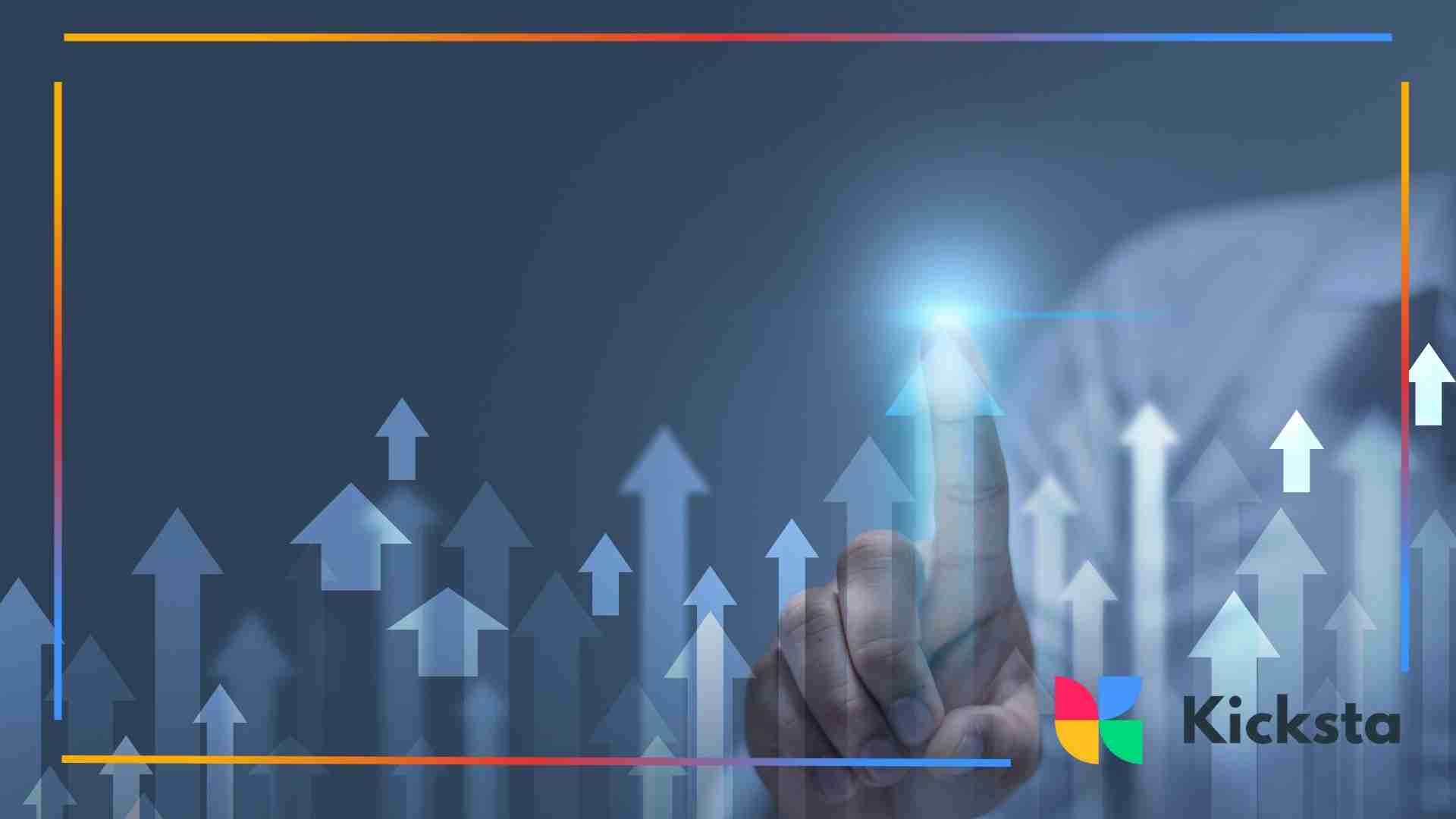 Person touching a glowing arrow pointing upward on a blue background.