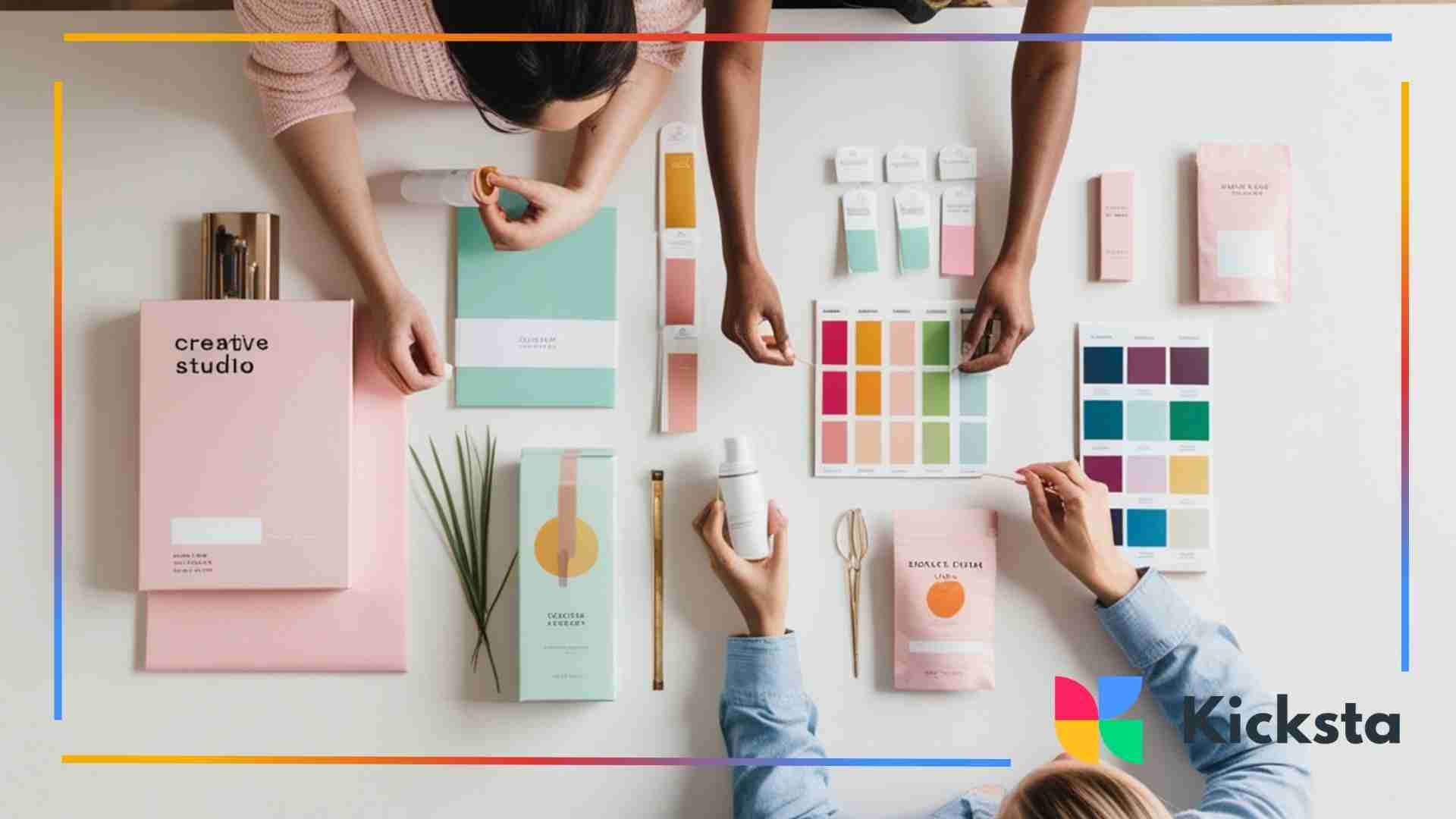 Hands arranging colorful branding materials and color swatches on a table.