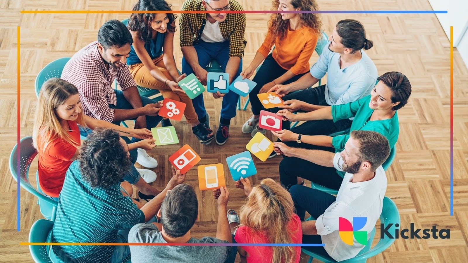 Team of people sitting in circle holding colorful social media icons, representing digital marketing, collaboration, and community engagement.
